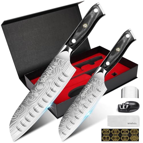 MOSFiATA 2PCS Küchenmesser, 7 Zoll und 5.5 zoll Santoku Messer, Kochmesser Profi Japanisches Messer Kommt mit Scheide und...