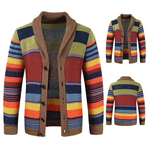 Cambkatl Men's Color Block Stripes Knitted Cardigan Sweaters Shawl Collar Button Knitwear Long Sleeve Open Front Outwear2