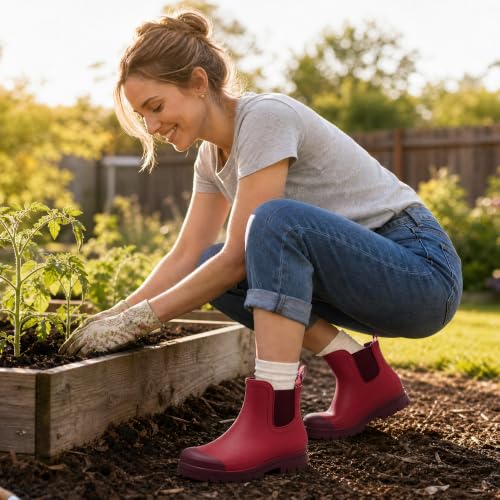 Image of planone Women's Fashion Waterproof Short Chelsea Rain Boots Durable Non Slip Ankle Rubber Boots Work Booties Lightweight Outdoor Garden Shoes with Removable Insole