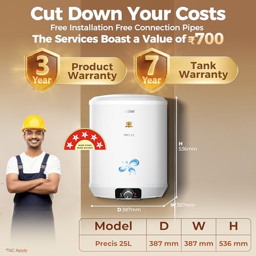 Image of Haier Precis Water Geyser 25 Litre 5 Star Rated Water Heater|Pipe Free Installation Abs Body Temperature Control Shock Proof Glasslined Tank|8 Safety Levels|High Rise Compatible|Bacteria Proof System