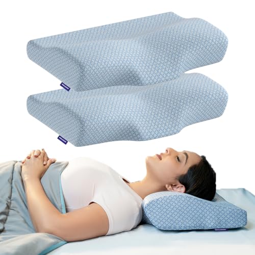 Image of WELLGIVER Cervical Memory Foam Pillow for Neck Pain | 2 Year Warranty | 19 x 11 x 4 Inch Standard | Orthopedic Pillow Spondylitis Neck & Shoulder Pain | Washable Jacquard Blue Cover | Pack of 2