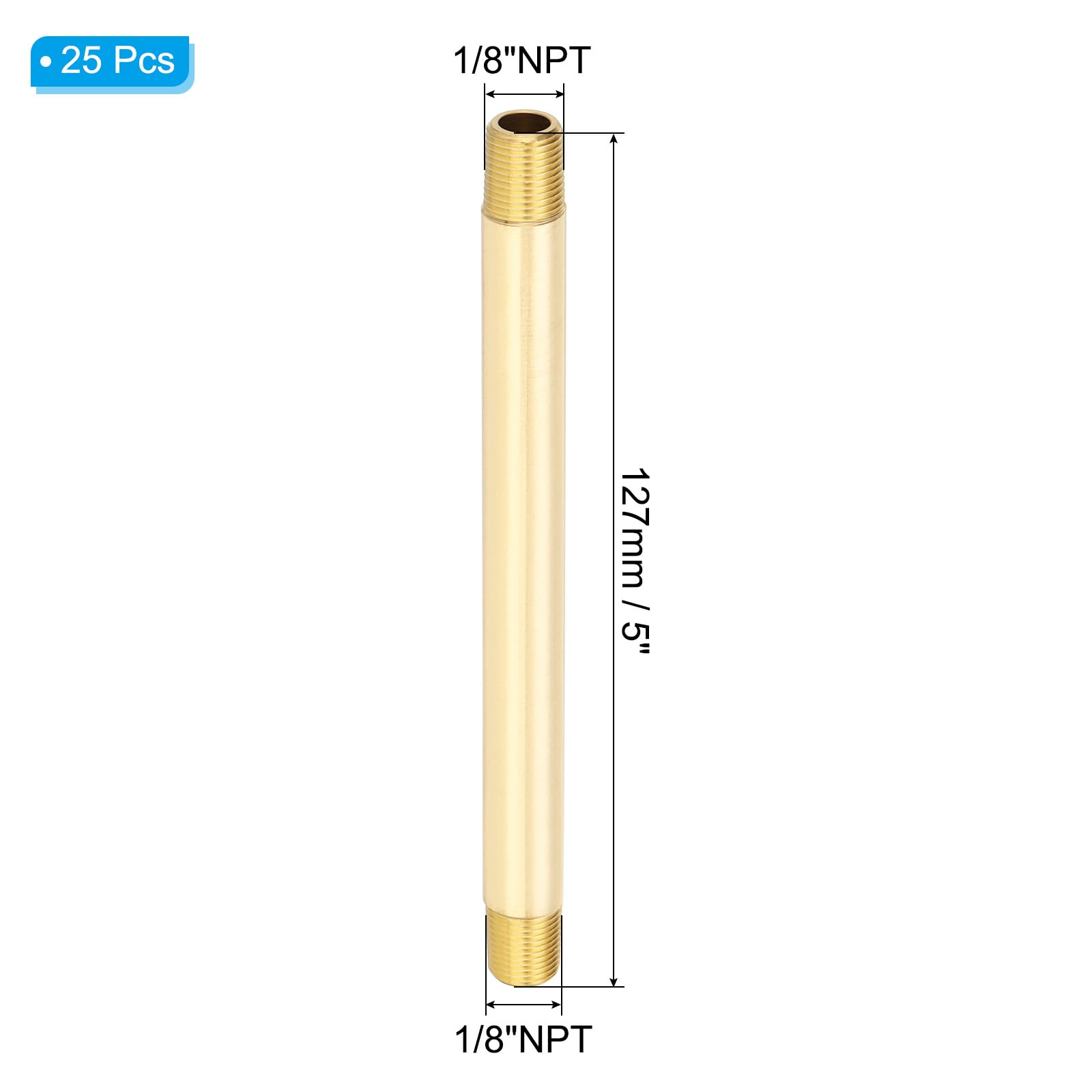 PATIKIL 1/8" x 1/8" NPT Maschio Raccordo In Ottone Lungo Nipple, 25Pezzi 5" Lungo Raccordo Tubo Dritto Connettore Prolungatore Per Carburante, Aria, Acqua, Olio, Gas Collegamento