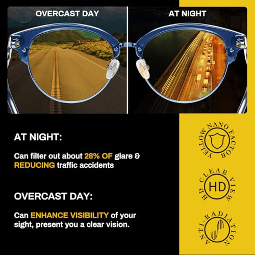 DUCO Round Semi-Rimless Night Vision Driving Glasses Polarized Anti Glare Eyewear for Men and Women HD Yellow Tinted4