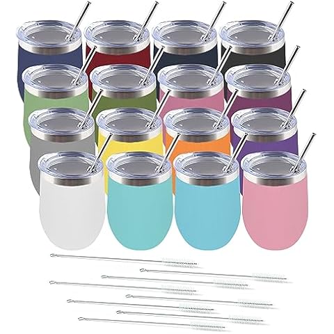 Amtidy 16 Pack Powder Coated Stainless Steel Tumbler with Lid,Equipped with straw and straw brush，12 oz Double Wall Vacuum Insulated Travel Tumbler Cup for Coffee, Wine, Cocktails Cover