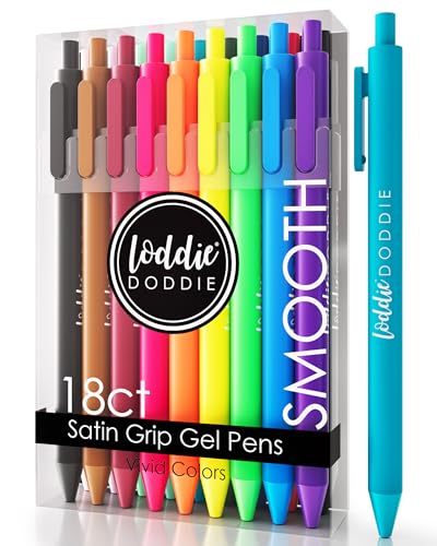 Loddie Doddie Retractable Gel Pens with Satin Barrel - Fine Point - 18 Bright Color Pens for Bullet Style Journals, Notebooks, Planners, Calendars, Notes & Drawing, Use at Home, Office, School, Crafts