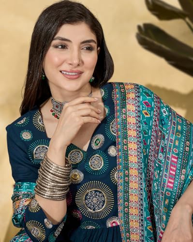 Image of SheWill Women's Mustard American Crepe Zari Sequence Embroidered Alia Cut Kurta with Pant and Dupatta