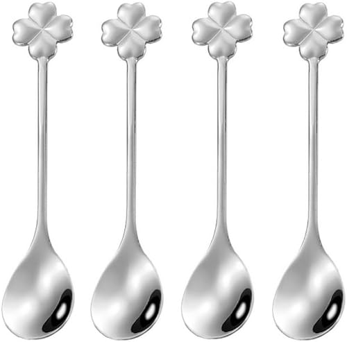 Juego de 10 cucharas plateadas de acero inoxidable con trébol de cuatro hojas, diseño único para café, té, postres, helado de 4.7 pulgadas