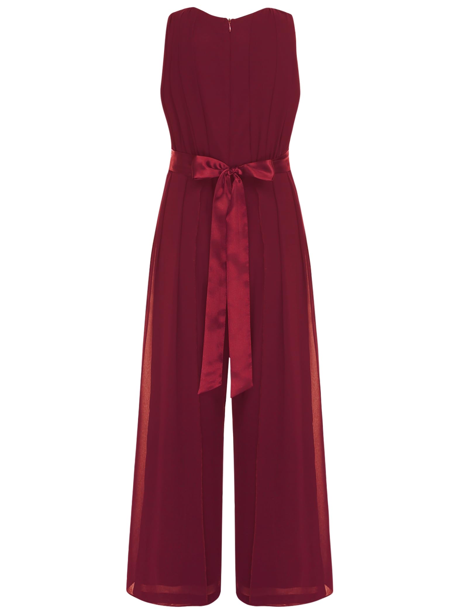 Mädchen Jumpsuit Festlich Overall Elegant Hosenanzug mit Blumen Taillengürtel Weites Bein Hose Festlich Hochzeit Geburtstag Party Outfits Burgundy 158-164