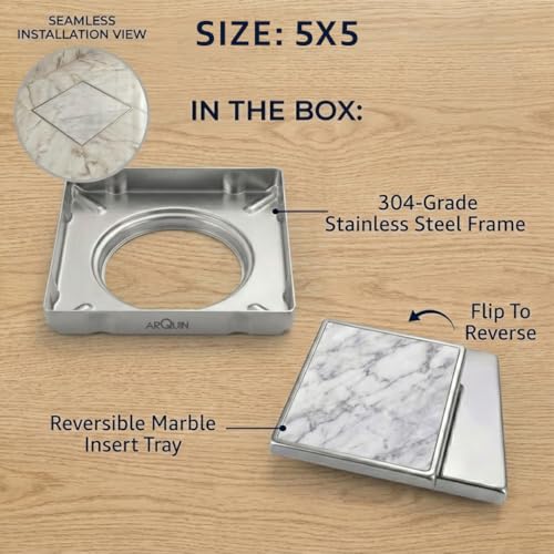 Image of ARQUIN Tile Insert Floor Drain 5x5 Inch Invisible Bathroom Drain 304 Grade Stainless Steel Jali Floor Drainer with Anti-Cockroach Trap | Square Drainer for Bathrooms 1 mm Thickness
