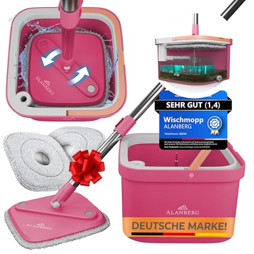 ALANBERG® Wischmopp Set mit Eimer – 2-Kammer-System zur Trennung von Schmutz- und Frischwasser – mit 160 cm Teleskopstange, Mikrofaser-Wischpads – Bodenwischer für alle Bodenarten, Rosa