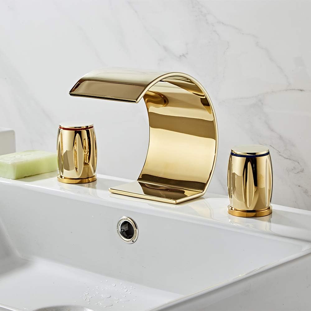 Bіg Sаlе YANNLII Shiny Polished Gold Widespread Waterfall Bathroom Sink Faucet,Two Handle Three Hole Lavatory Faucet,8-16 Inch Basin Mixer Tap with Pop Up Drain,French Gold Uр Tо 60% оƒƒ YANNLII Shiny Polished Gold Widespread Waterfall Bathroom Sink Faucet,Two Handle Three Hole Lavatory Faucet,8-16 Inch Basin Mixer Tap with Pop Up Drain,French Gold