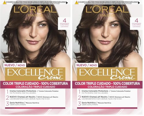 L'Oreal Paris Excellence Coloración Crème Triple Protección, Tono: 4 Castaño (Paquete de 2)
