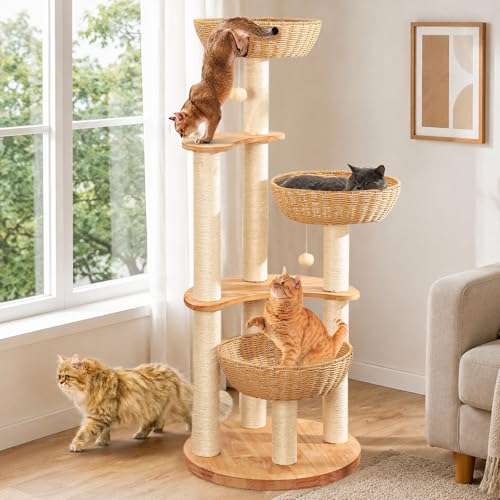 54 Modern Cat Tree Tower for Indoor Cats Oak Cat Scratching Tree for Multiple Large Cats Manual Hand Woven Luxury Cat Condo Unique High-end Design Cat Furniture Activity Centre Easy Clean