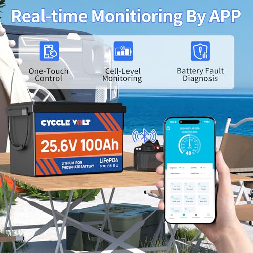 Image of 24V 100Ah LiFePO4 Battery with 100A Bluetooth BMS, APP Control, Low Temp Protection,MAX 2560W Power,8000+ Cycle 24V Lithium Battery, Perfect for RV, Trolling Motor, Marine, Off-Grid