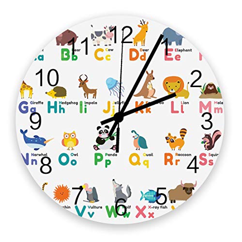 TAOGAN Wall Clock ABC Learning Alphabet Animals Wood Clock Silent Non Ticking Kids Educational Round Clock Battery Operated Decorative Wall Clock