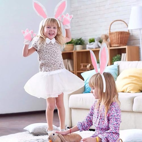 ZSPERKLA Easter Bunny Ears Headband Set White and Pink Rabbit Ears Headband Bowtie and Tail Halloween Cosplay Costume Accessories