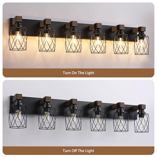 Image of Farmhouse 6-Light Wood Bathroom Vanity Light, Black Metal Cage Shade | Mounted Over Mirror, Industrial Rustic Style, Ideal for Bathroom, Bedroom, Hallway & Living Room, Easy To Install