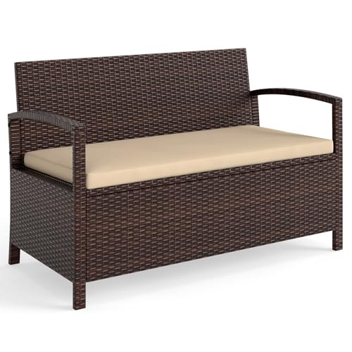 Tangkula 42 Gallon Outdoor Bench with Storage, Outdoor PE Rattan Storage Bench with Cushion, Backrest & Acacia Wood Armrests, Metal Frame, Waterproof Deck Box Seat for Porch Backyard Poolside