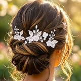 HEREAD Flower Bride Wedding Hair Pins Silver Leaf Bridal Hair Pieces Rhinestone Hair Accessories for Women (Pack of 3) (Silver)
