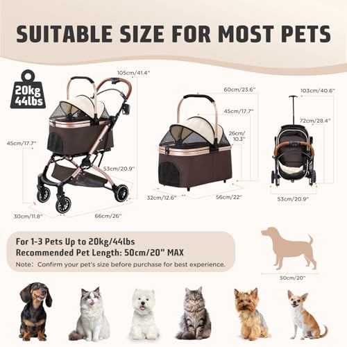 Gimars Upgrade 4 in 1 Katzenwagen & Hundewagen Bis 20kg Klappbar,360° Gummireifen Katzen Wagen Mit Hinterradbremse, Hundebuggy Mit Regenschutz Einziehbare Zugstange Für Kleine Hunde Katze Khaki