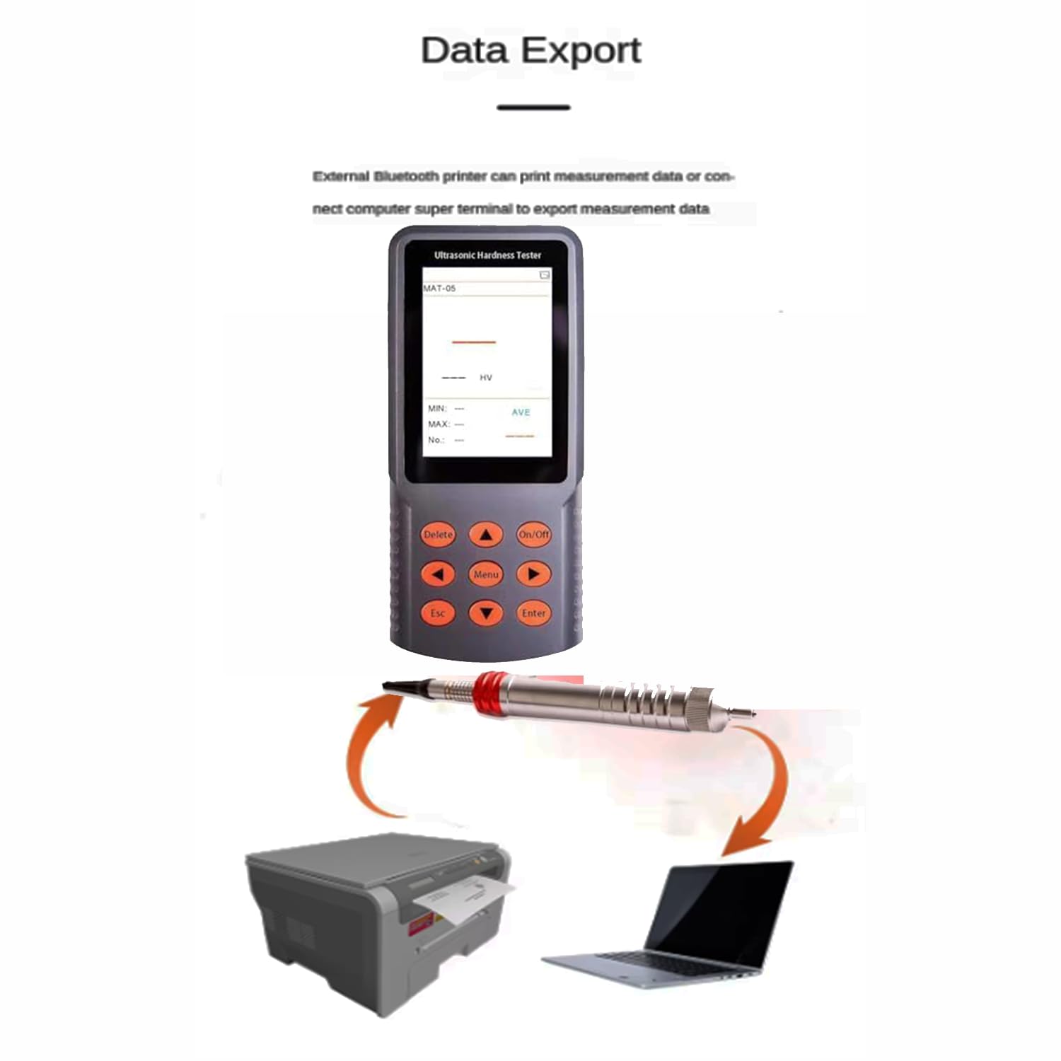 VTSYIQI Ultrasonic Hardness Tester Meter demonstrating data export