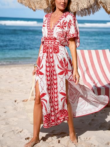 Image of CUPSHE Womens Tropical Floral Maxi Dress V Neck Short Sleeve Smocked Side Slit Dress Summer Vacation Beach Pocket Long Dress