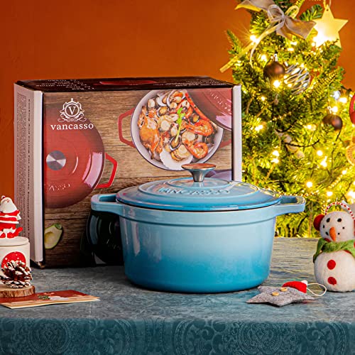 Image of vancasso 7.5 Qt Round Enameled Cast Iron Dutch Oven with Lid, Blue | Sourdough bread baking, soups, stews, braising, non-stick enamel, tight-sealing lid, safe on gas, induction, ceramic, oven.