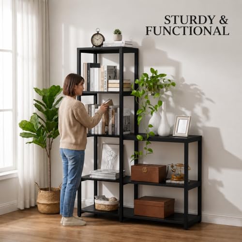 Image of Engineered Wood 8-Tier Bookshelf | Book Shelf Wooden for Home | Ladder Corner Bookshelves | 8 Shelves Display Rack Storage Shelf for Living Room | Black| 100x40x145 cm