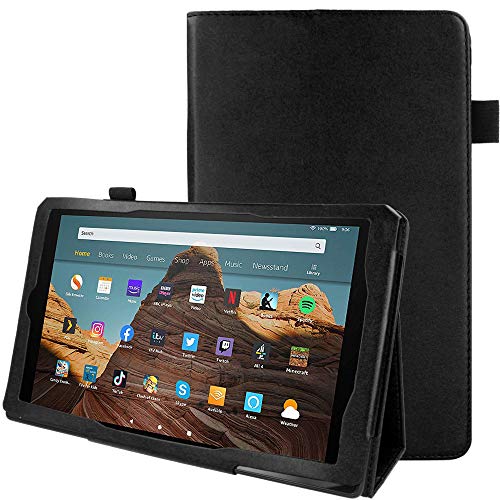 TECHGEAR Coque Compatible avec Nouvelle Amazon Fire HD 10 (2019/2017 Libération) Housse de Protection en Cuir PU avec Prise Main [Noir] avec Fonction Mise en Veille, pour 9ème & 7ème Génération