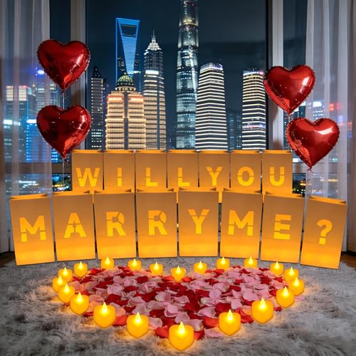 LACGO Proposal Decorations Will You Marry Me Sign Light Up Letters with 14pcs Luminary Bags 24pcs Tea Lights 1000pcs Red&Pink Rose Petals Will You Marry Me Banner Surprise Set for Women