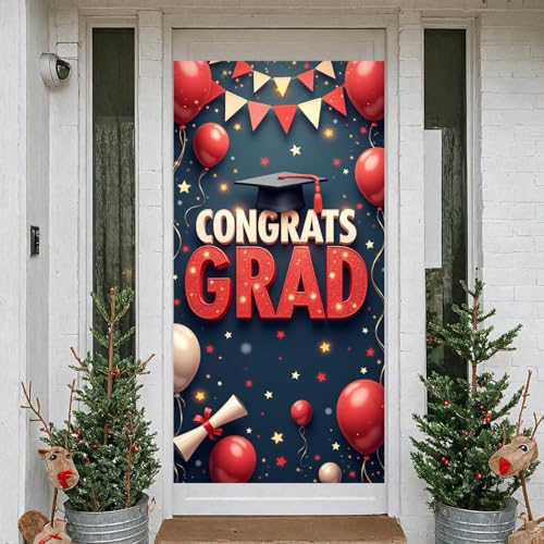 Graduation Door Banner Decorations Congrats Grad Door Cover Graduation Banner Backdrop Class of 2026 Party Decorations Supplies for Preschool High School College Grad 70.8 x 35.4 inches - Red - image 3