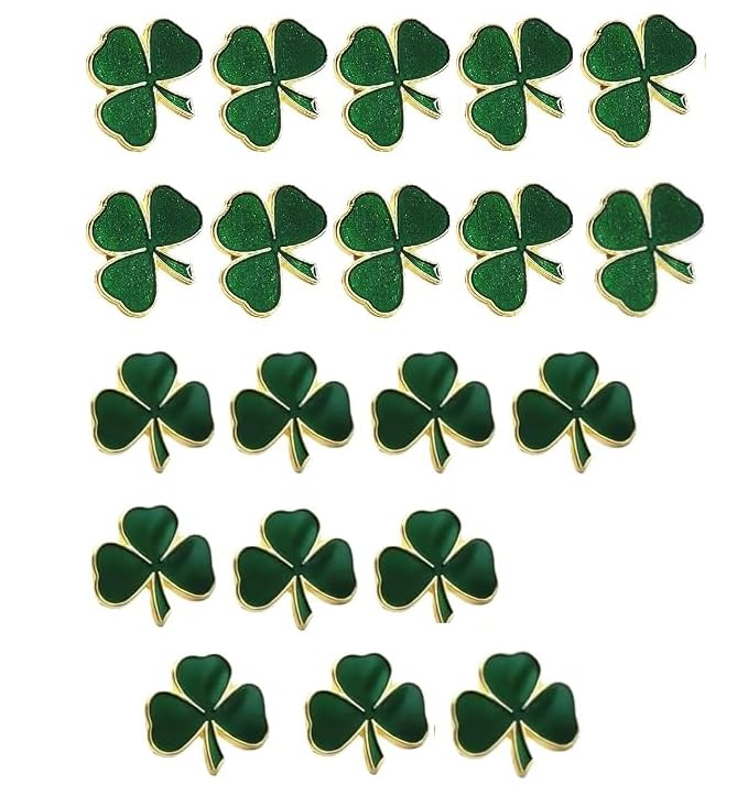 20pcs St Patrick's Day Accessories Set – Glitter & Classic Shamrock Pin Badges for Clothes Bags Hats – Festive Green Decorations for Irish Theme Party
