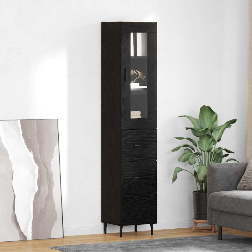 Meuble haut noir aspect chêne 34,5 x 34 x 180 cm avec tiroir et porte, buffet moderne pour salon, salle à manger, cuisine, espace de rangement étroit pour l'ordre et le rangement