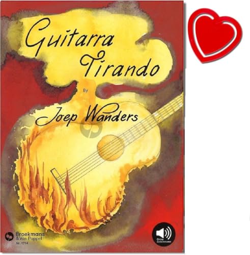 Guitarra tirando mit CD von Joep Wanders - 39 Kompositionen, in denen der tirando-Anschlag im Mittelpunkt steht - von Blues über südamerikanisch bis klassisch - mit bunter, herzförmiger Notenklammer
