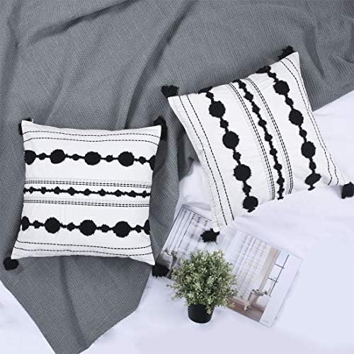 Chlophy Boho Cushion Covers 18x18 45x45CM Set of 2 Black and White Tufted Textured Sofa Cushion Cases Tassel Farmhouse Modern Off White Decorative Accent Beige Ivory