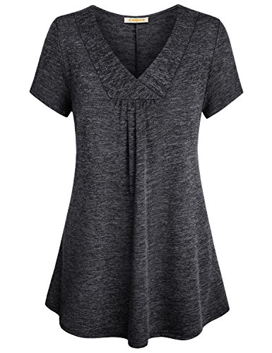 BAIKEA Womens Cross V Neck Short Sleeve Loose Flare Tunic Tops with Center Pleats