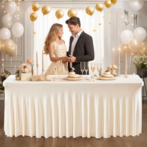 PARTISKY Ivory Spandex Tablecloth for 4ft Rectangle Tables, Stretchable Table Cover Skirt for Folding Tables Weddings Parties Banquets Events Trade Shows and Dessert Table