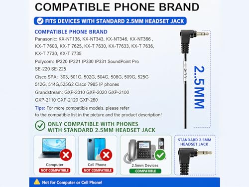 Image of Wantek 2.5mm Headset with Microphone, Wired Phone Headset, Noise Cancelling & Volume Controls, Telephone Headphone Compatible with Panasonic, Cisco, Polycom, Gigaset's 2.5mm Jack Phone Headset