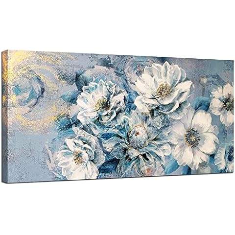 Ardemy Teal Flowers Canvas Wall Art Modern White Floral Bloosm Gold Textured Blue Painting, Large Size 40"x20" Picture Turquoise Artwork Framed for Living Room Bedroom Bathroom Home Office Wall Decor Cover