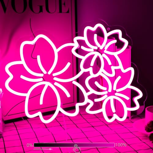 Image of Cherry Flower Neon Sign For Wall Decor Studio Room Led Lights, Beautiful Pink Draw Decor Neon Signs Aesthetic Operated Light For Door Decorations, Drawing Room Gifts Accessories Neon Sign