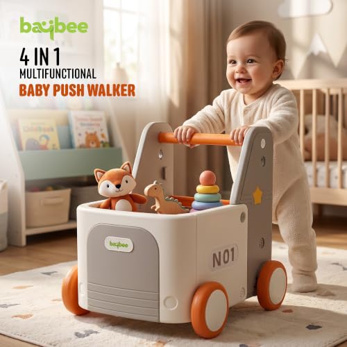 Image of Baybee 4 in 1 Baby Push Walker & Shopping Cart for Kids, Convertible Ride-On Toy, Pull Cart & Toy Organizer, Storage Compartments, Secure Rope Grip, Smooth Wheels & Rounded Edges | Walking Support for 0-3 Years (Orange)