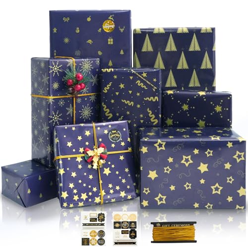 Weihnachten Geschenkpapier Set, MAMUNU 8 Blatt Geschenkpapier mit Packseil und Aufklebern, Weihnachtspapier Geschenkverpackung Papier für Weihnachten Geschenk, 43 x 100CM