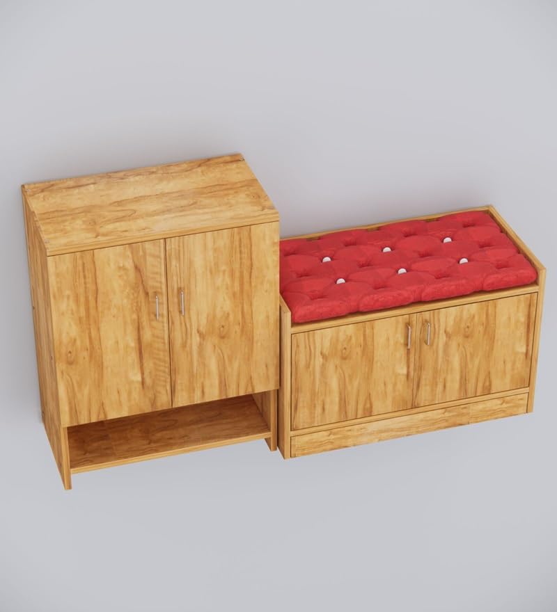 Image of SPECIALITY PANELS Wooden Shoe Rack with Storage Cabinet and Cushioned Bench, Natural Wood Finish, 2-Piece Set with Doors, DIY Assembly, 135x75 cm