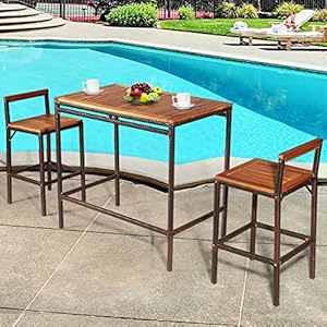 Tangkula 3 PCS Patio Bar Table Set, Outdoor Rattan Bar Set Bistro Set with Acacia Wood Top, Wood Table Set with 2 Bar Chairs for Dining Room, Backyard, Patio and Balcony Tangkula 3 PCS Patio Bar Table Set Outdoor Rattan Bar Set Bistro Set with Acacia Wood Top Wood Table Set with 2 Bar Chairs for Dining Room Backyard Patio and Balcony