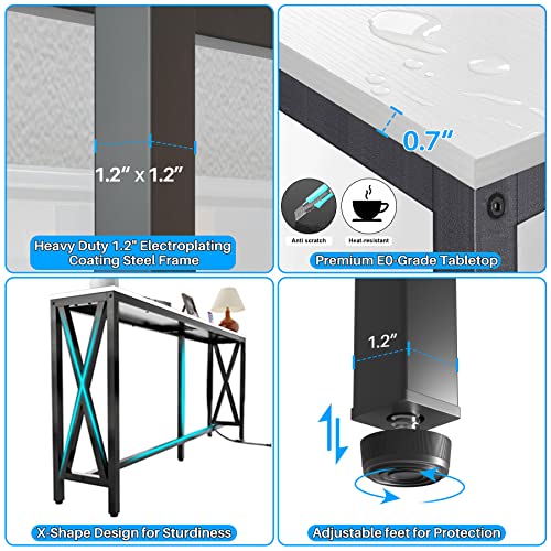 Image of Aquzee Console Table with 2 Power Outlet and 2 USB Ports, 70.9 inch x 11.8 inch x 31.5 inch Steel Frame Narrow Behind Couch Sofa Table, Extra Long White Entryway Table