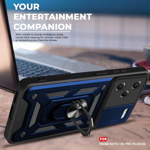 Image of AESTMO Polycarbonate Tough Armor Redmi Note 13 Pro Plus Bumper Back Case Cover|Ring Holder & Sliding Camera Shield Cover|360 Degree Protection Back Case Cover for Redmi Note 13 Pro Plus (Blue)