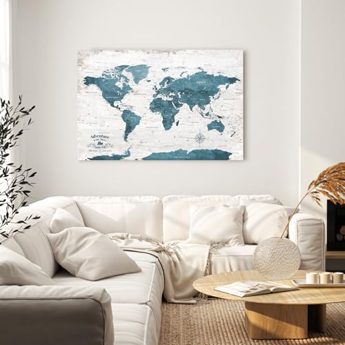 Image of IPIC - Antique Blue World Travel Map, Pin Board Canvas Wall Art, Travel Map with Pins Included, Ready to Hang for Home or Office, 36x24 Inch
