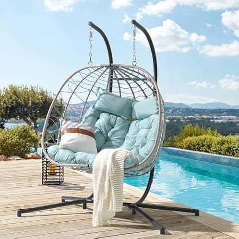 Patiorama 2 Person Double Egg Swing Chair with Stand Indoor Outdoor, Patio Wicker Rattan Hanging Egg Chair w/Cushion, Pillow, Foldable Hammock Chair 550lbs for Bedroom, Balcony, Garden (Light Blue) Cover