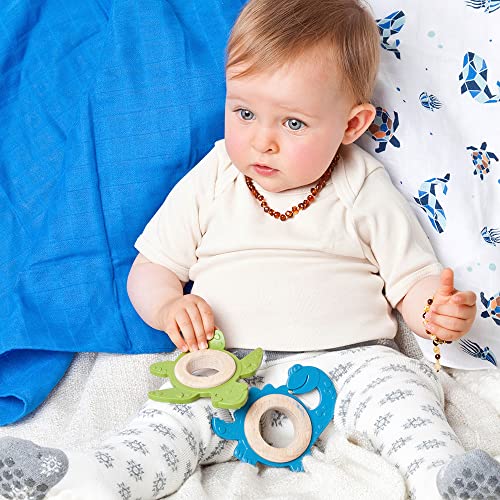 GRÜNSPECHT Bio-Beißtier aus Naturkautschuk mit Holzring, Zahnungshilfe & Spielzeug, massiert Zahnfleisch, BPA frei, fördert Feinmotorik, Schildkröte, grün (689-00), 1 Stück (1er Pack)