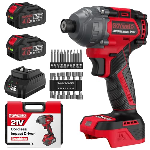 GoYwato Cordless Impact Driver 21V - 1/4 Hex Chuck Brushless Power Impact Drivers w/ 2x4.0Ah Battery & Carry Case & Sockets & Screwdriver Bits Battery Impac Driver for Home Repair DIY Projects (Red)